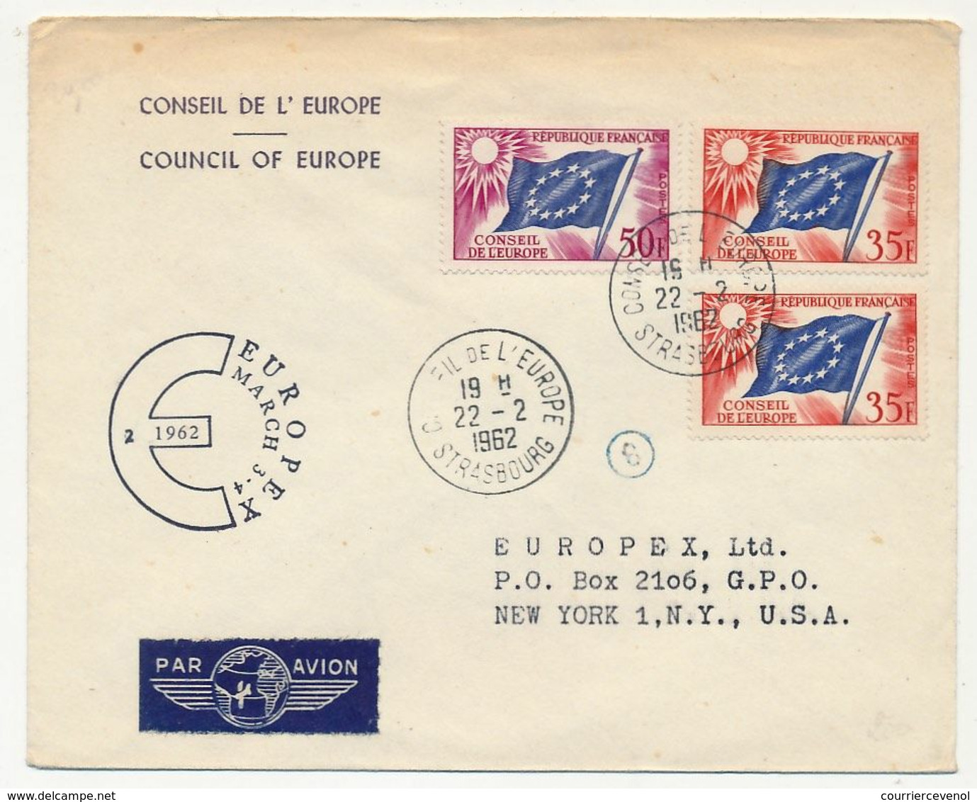 FRANCE - Env Reco, Affr 35F X2, 50F Drapeau - Conseil De L'Europe 22/2/1962 - Pour USA - EUROPEX March 3-4-1962 + Puce 8 - Brieven & Documenten