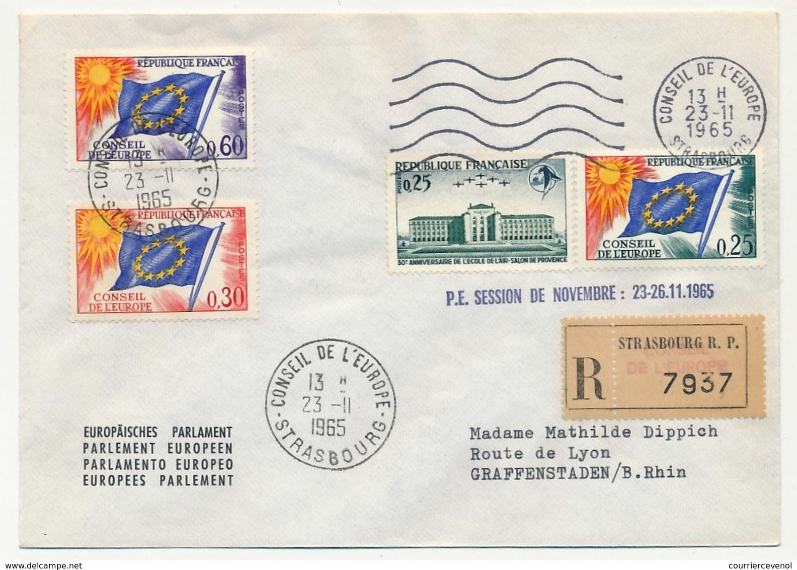 FRANCE - Env Reco, Affr 0,25, 0,30, 0,60 Drapeau + 0,25 Salon - Conseil De L'Europe 23/11/1965 - P.E. Session Novembre - Storia Postale