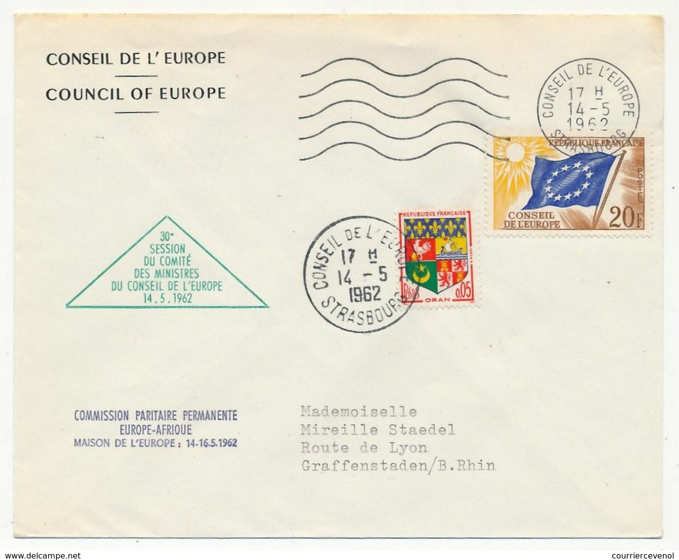 FRANCE - Env Affr 20F Drapeau + 0,05 Oran - OMEC Conseil De L'Europe 14/5/1962 - 30e Session Comité Des Ministres - Lettres & Documents