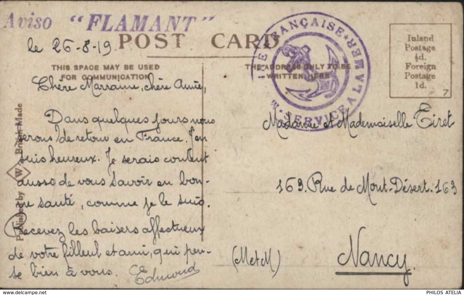 Cachet Marine Française Service à La Mer 26 8 1919 FM Cachet Aviso Flamant CPA The Hospital Grimsby - Seepost