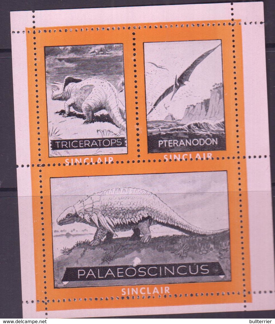 PREHISTORIC ANIMALS - CINDERELLA -  SINCLAIR LABEL SHEET OF 3 MNH - Prehistorics