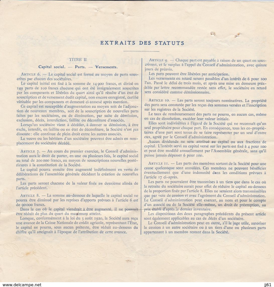 CHARTRES CHARBONNIERES EURE ET LOIR CERTIFICAT DE PARTS SOCIETE COOPERATIVE AGRICOLE ANNEE 1934 - Autres & Non Classés