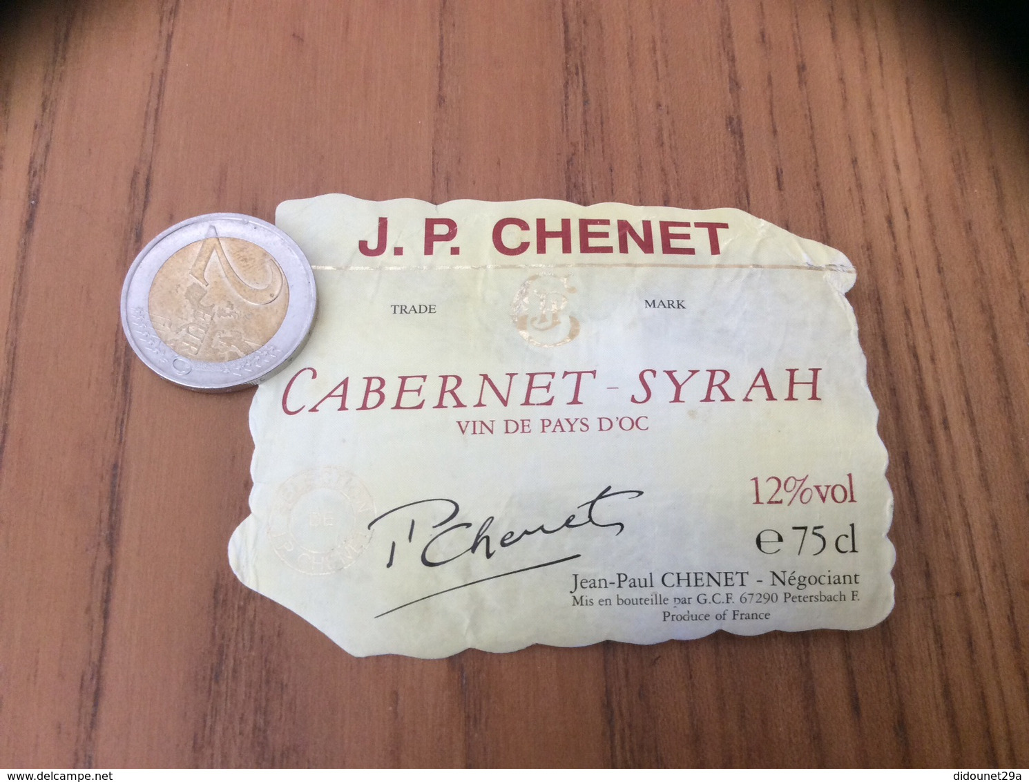 Etiquette «Vin De Pays D’OC - CABERNET SYRAH - Jean-Paul CHENET - GCF - Petersbach (67)» - Languedoc-Roussillon