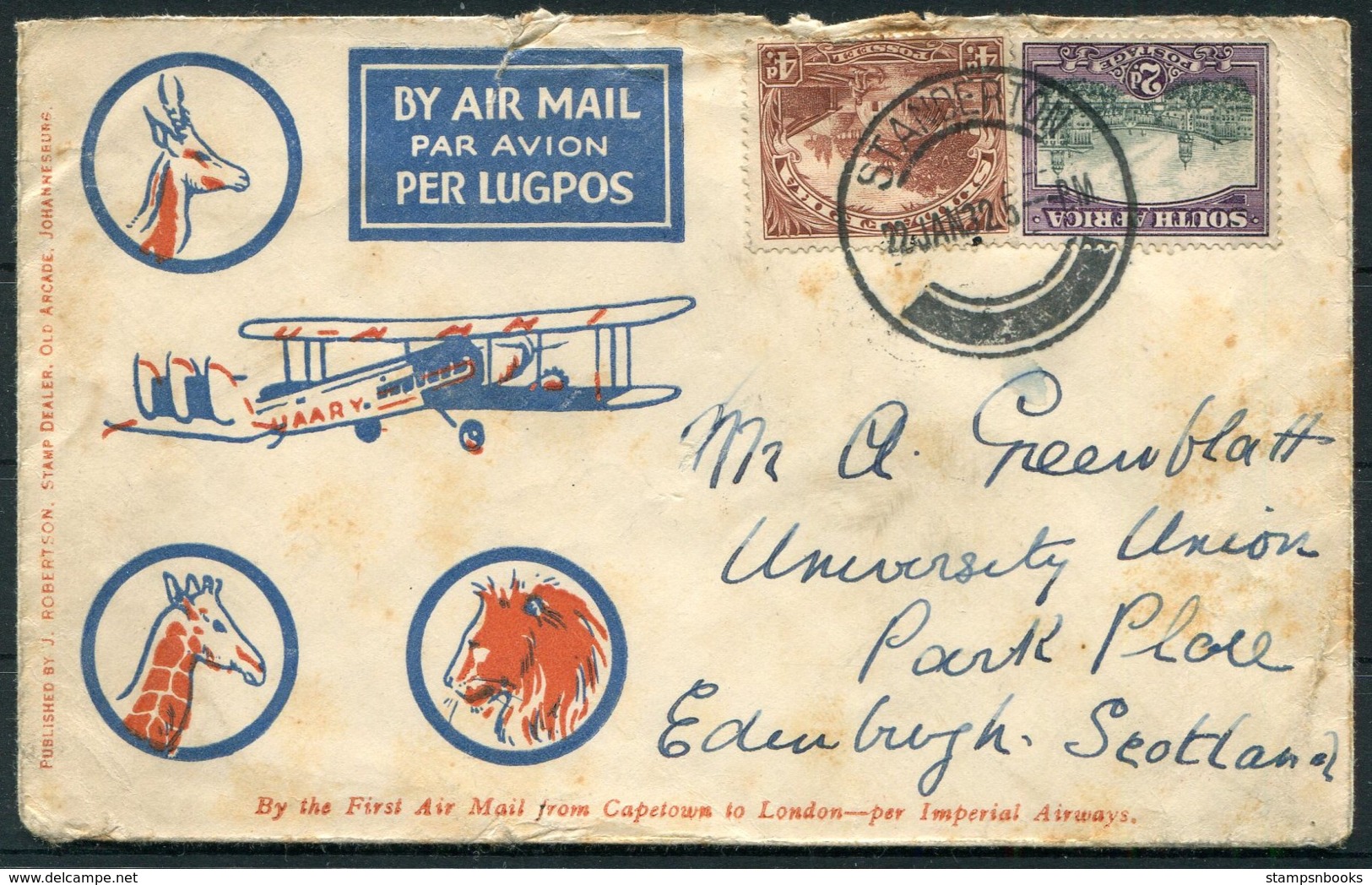 1932 Standerton January 22nd, South Africa,Imperial Airways,Airmail First Flight Capetown - London/Edinburgh University. - Luftpost