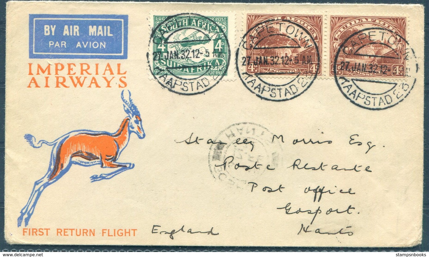 1932 South Africa, Imperial Airways, First Return Flight Airmail Cover Capetown - London  / Gosport - Posta Aerea