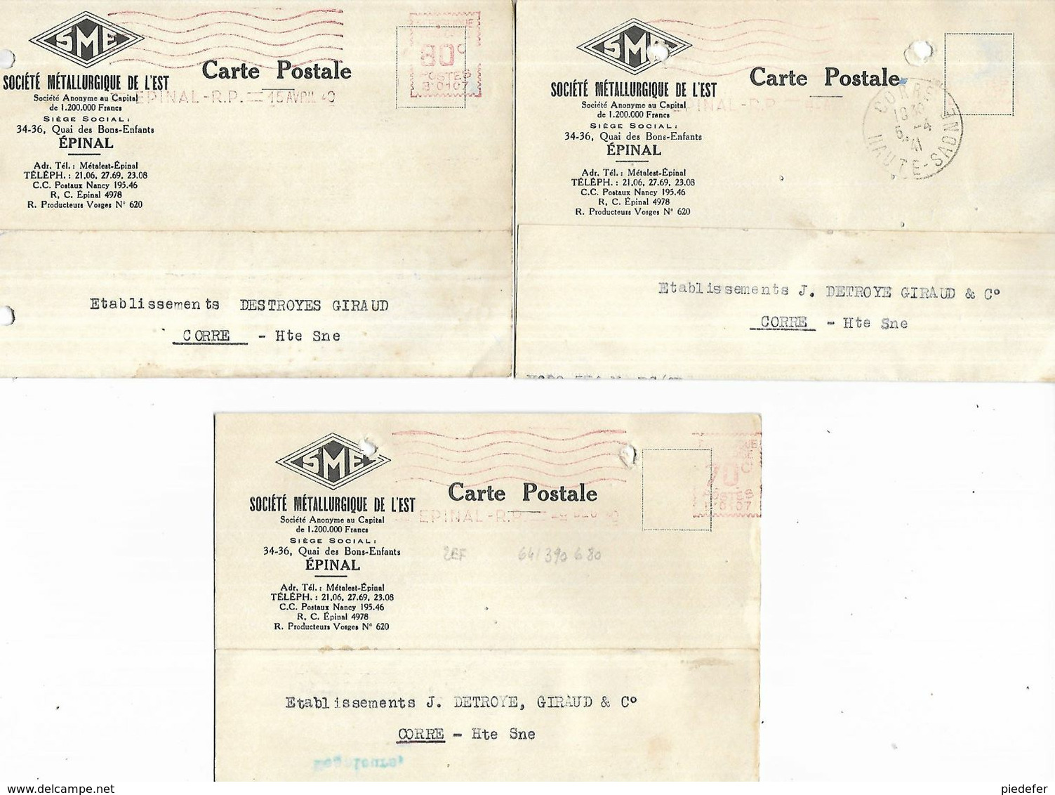 88 - Lot De 3 Cartes Postales Commerciales De La Sté Métallurgique De L' Est à Epinal Pour Detroye à Corre ( 70 ) - Epinal