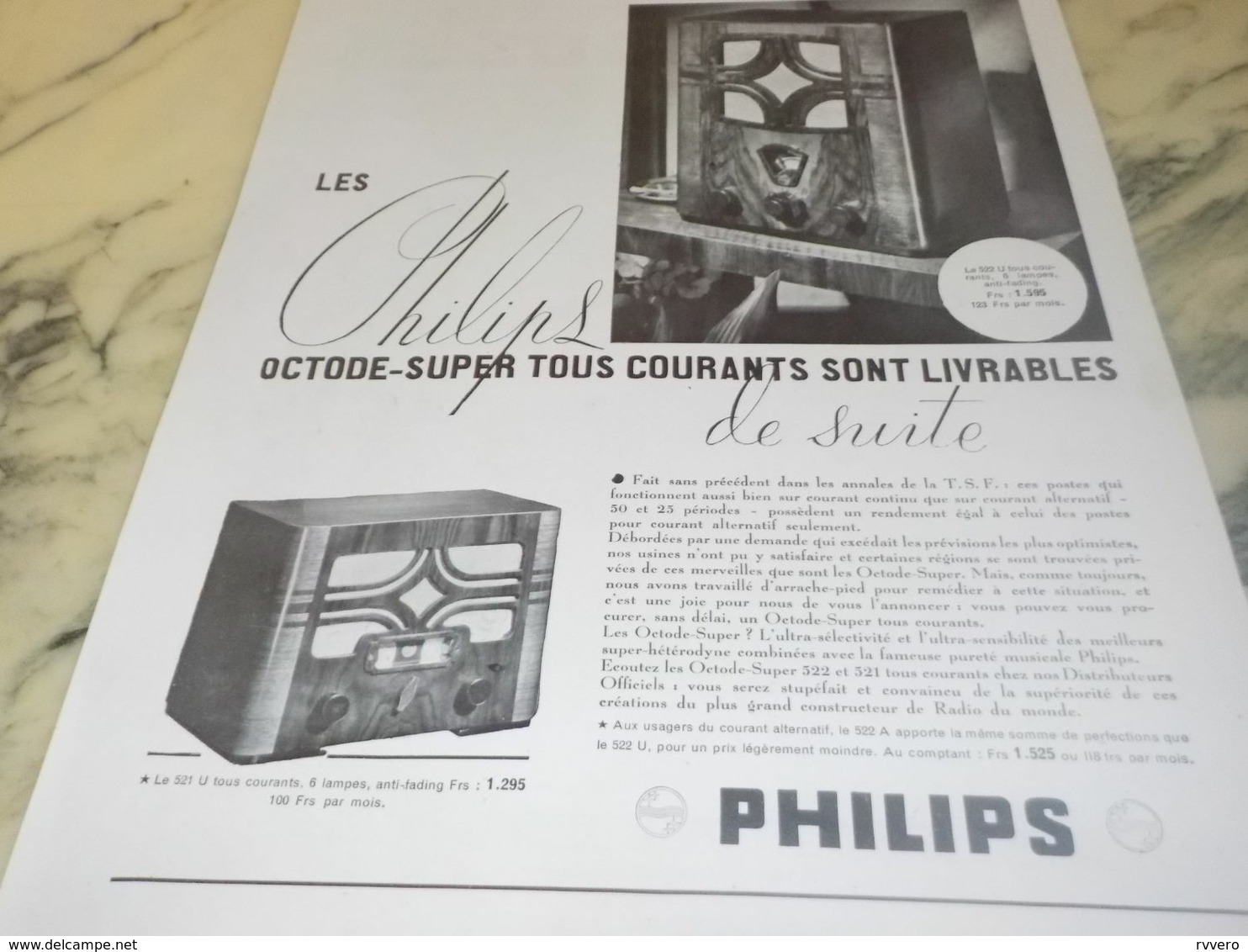 ANCIENNE PUBLICITE OCTADE 522 ET 521 PHILIPS 1934 - Sonstige & Ohne Zuordnung