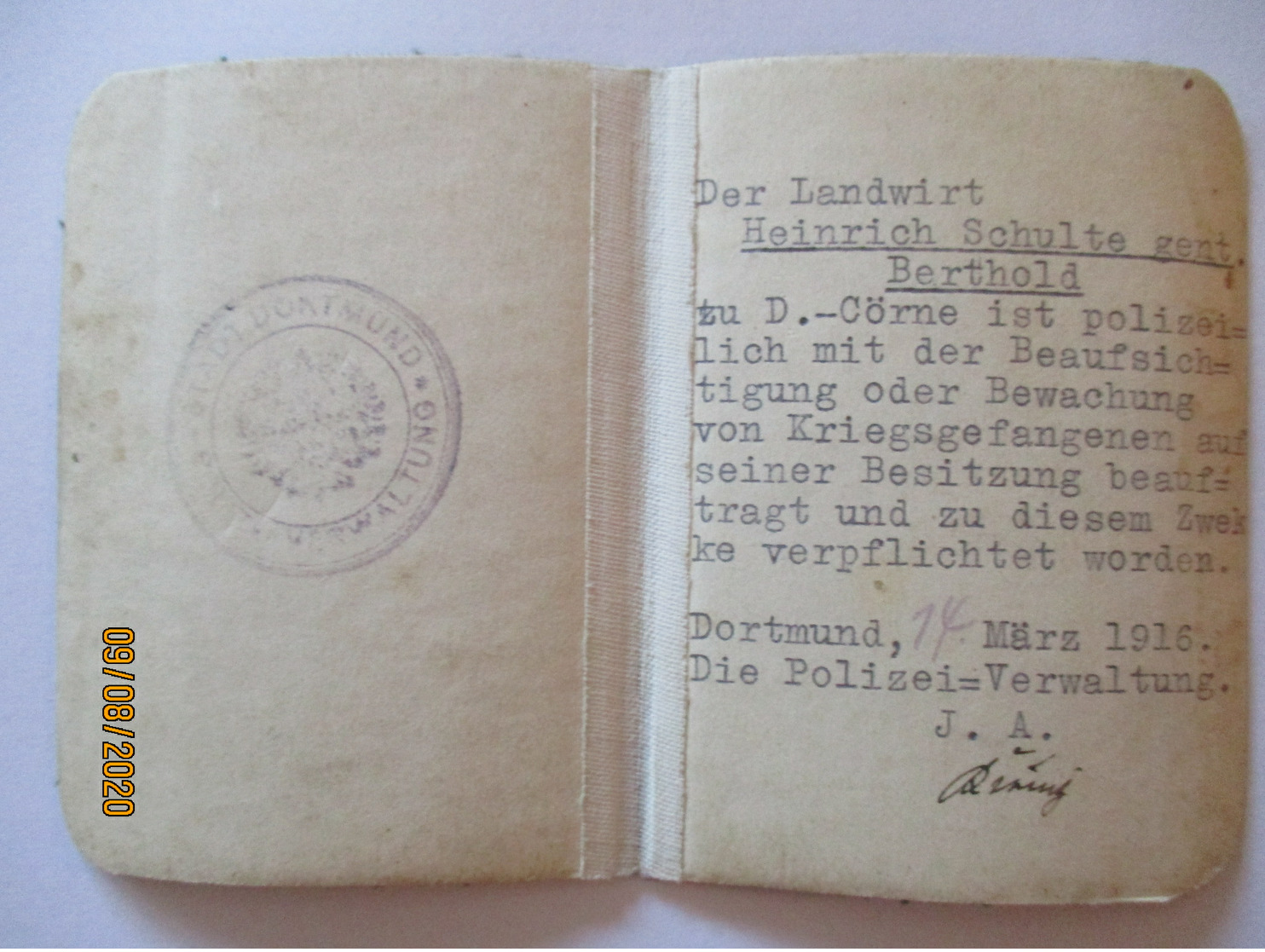 Kriegsgefangene Dortmund 1916, Ausweiß Für Landwirt (20695) - Weltkrieg 1914-18