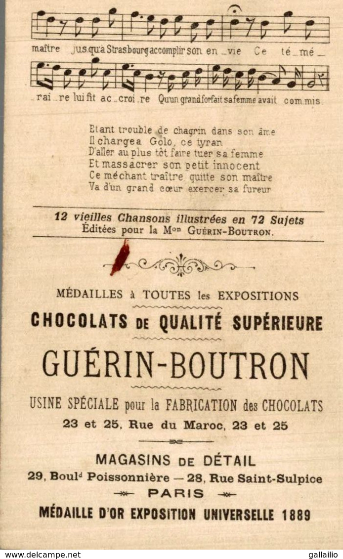 CHROMO CHOCOLAT GUERIN BOUTRON CHANSON GENEVIEVE DE BRABANT - Guérin-Boutron