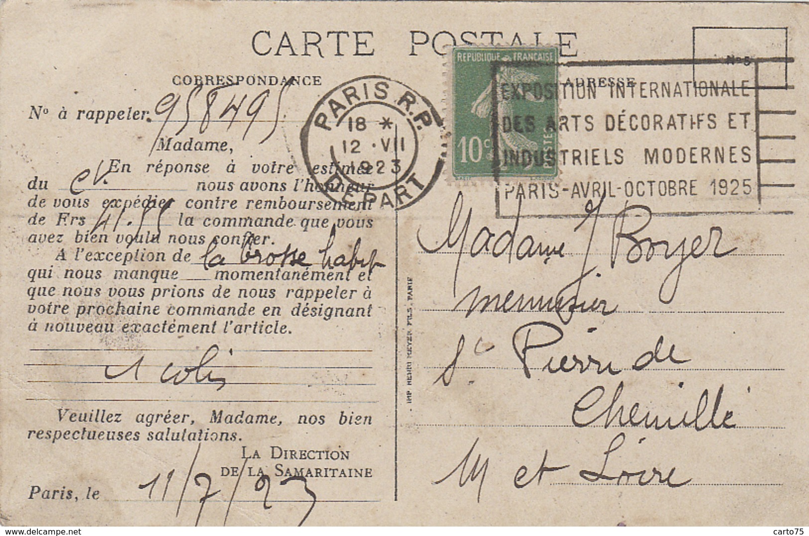 Commerce - Magasins Paris - La Samaritaine - Expédition Commande 1923 - Winkels