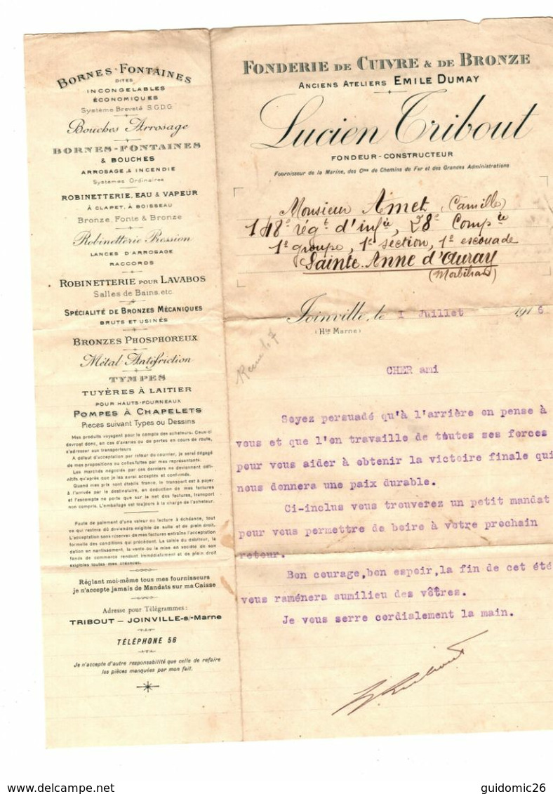 Joinville Lettre Avec 2 Factures Fonderie De Cuivre Lucien Tribout - 1900 – 1949