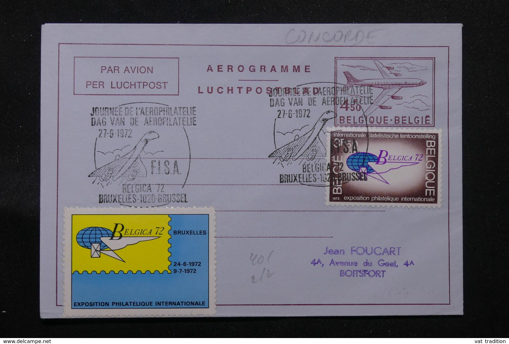 BELGIQUE - Aérogramme De Bruxelles En 1972 Avec Vignette Belgica 1972 , Oblitération Sur Le Concorde  - L 71224 - Aérogrammes