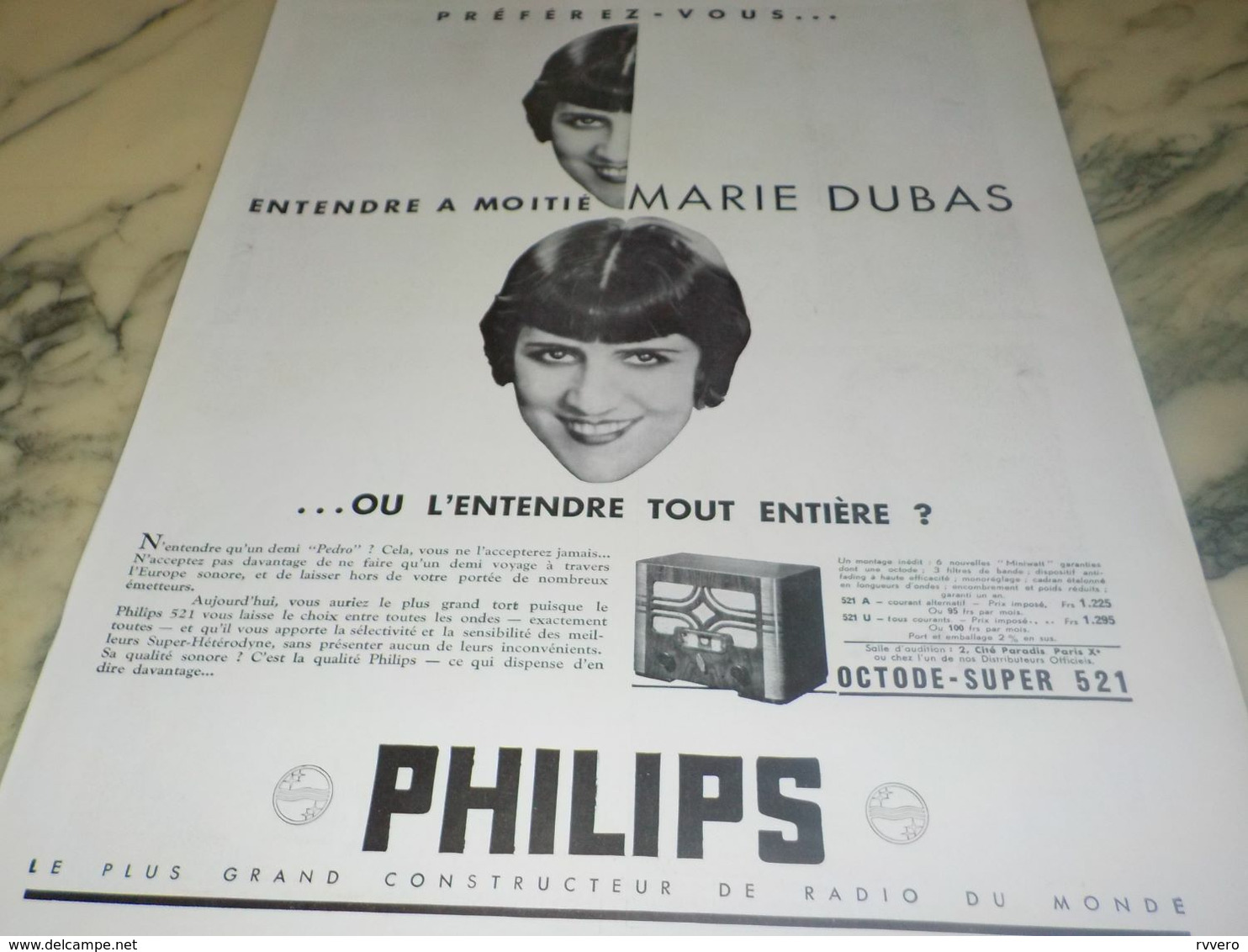 ANCIENNE PUBLICITE MARIE DUBAS ET TSF OCTADE  521 PHILIPS 1934 - Other & Unclassified