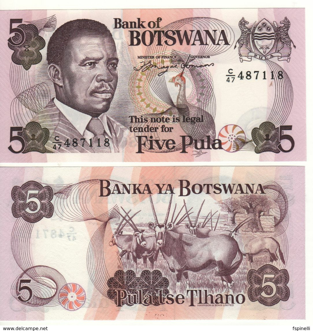 BOTSWANA   5  Pula    P11a  President Sir Ketumile  Masire+ Helmeted Guinea Fowl -  Antelopes At Back   (ND 1992)  UNC - Botswana