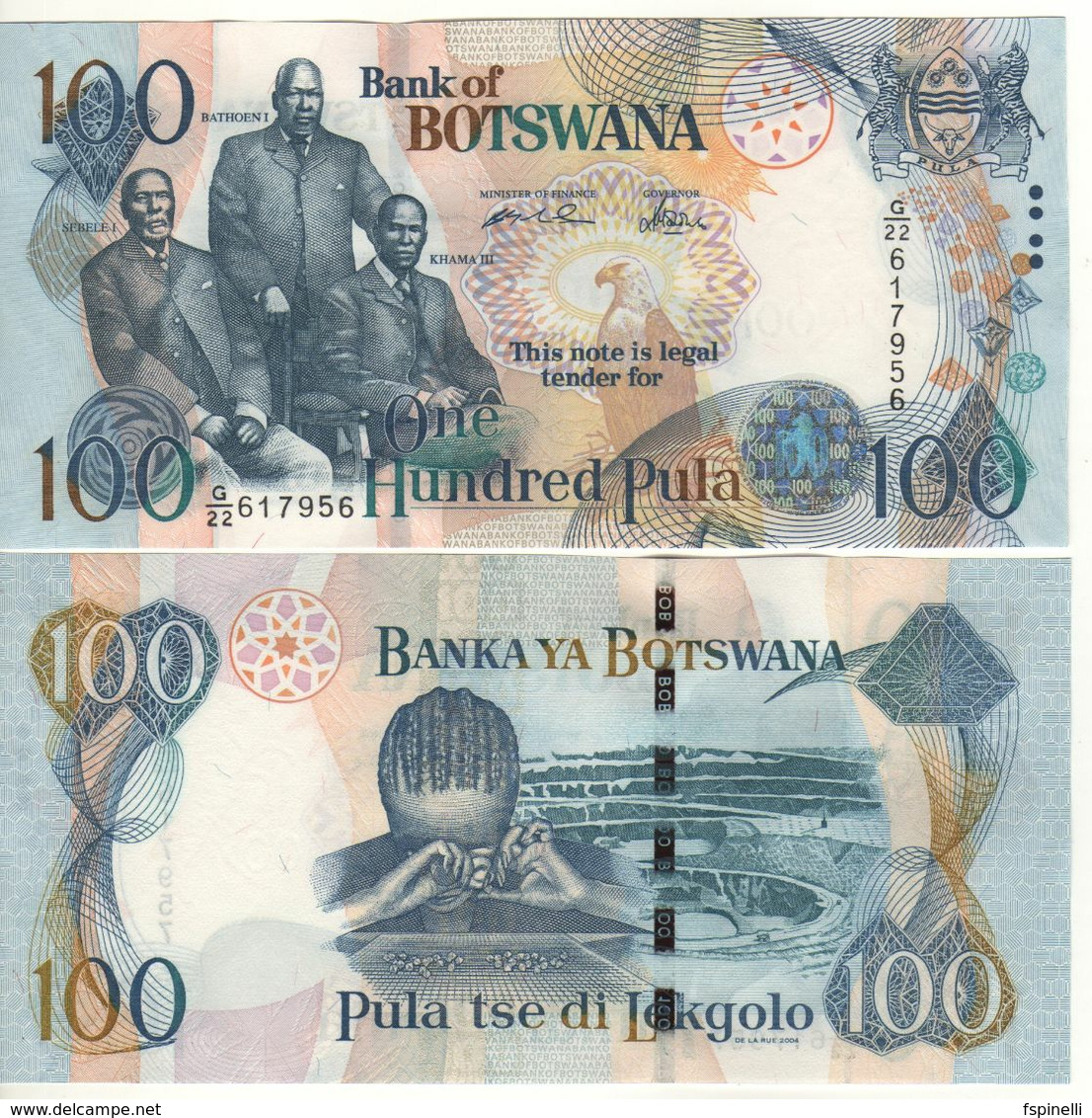 BOTSWANA   100  Pula    P29a  Three Chiefs (Sebele I, Bathoen I, Khama III)  - Diamonds Mining At Back ( 2004 )  UNC - Botswana