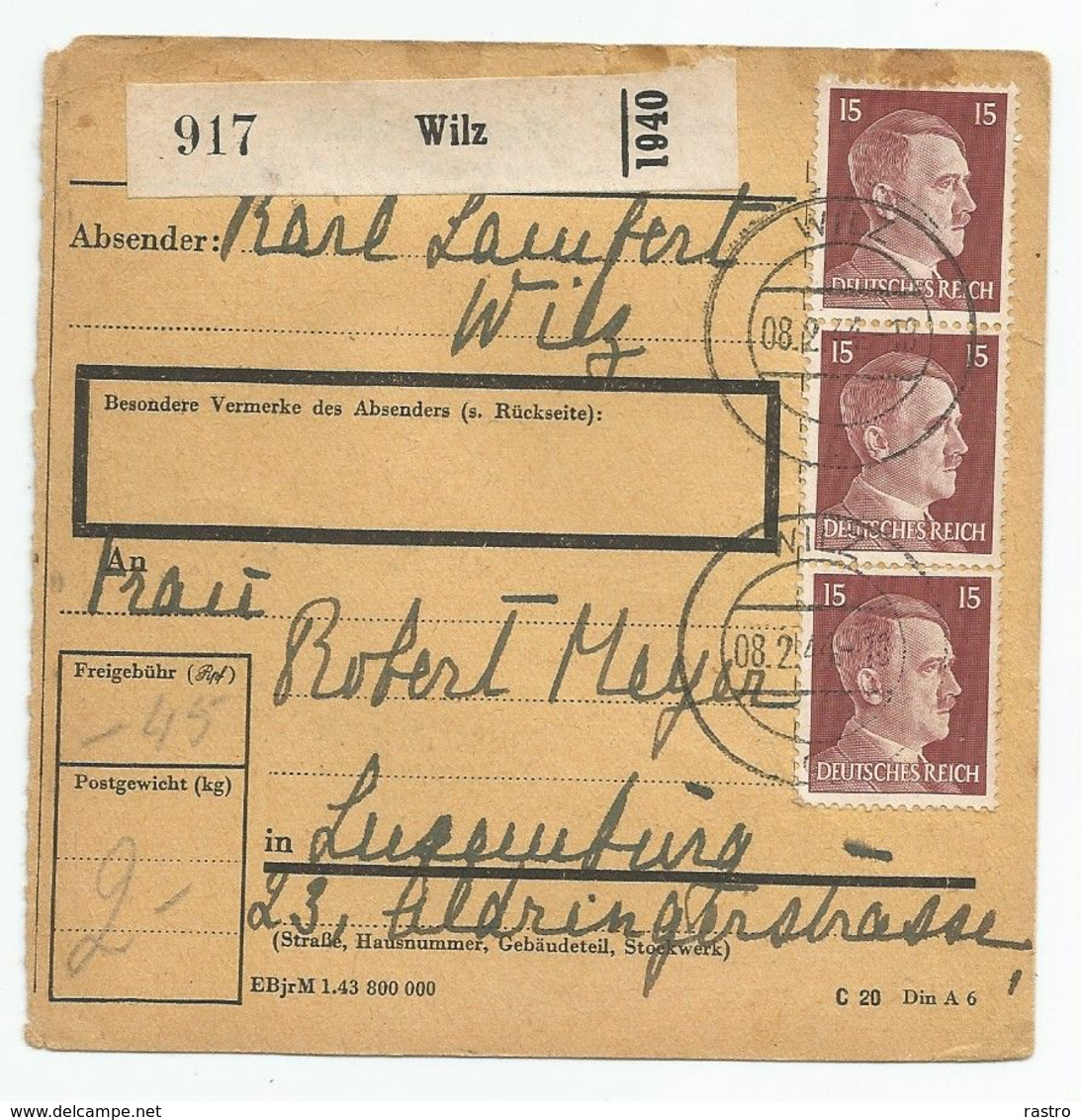 Wilz , Recepisse D'un Dépôt De Colis à Dest. De Luxembourg , Affr. Bande De 3 Du N° 789 Reich - 1940-1944 Ocupación Alemana