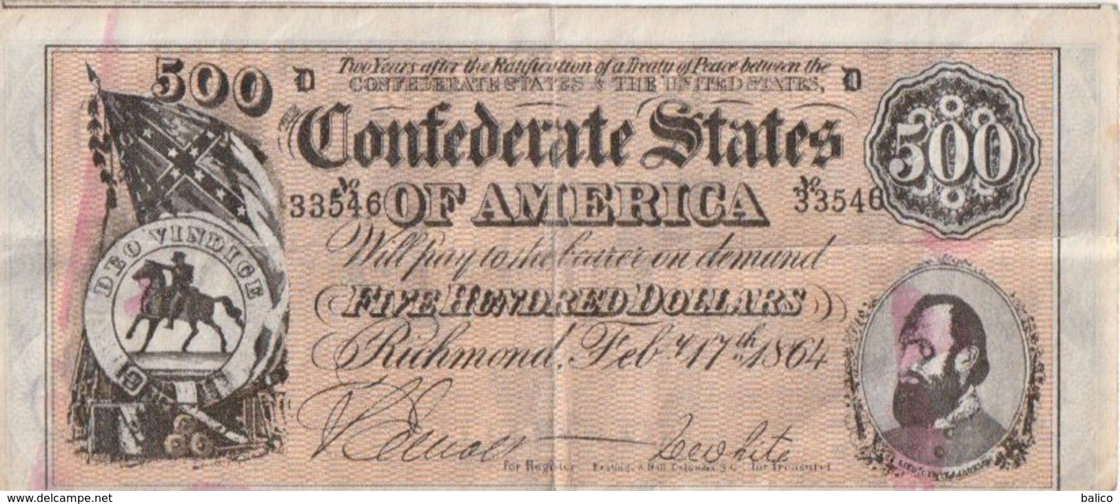 Billet - Confédérate States Of America 500 Dollars  1864 - Valuta Della Confederazione (1861-1864)