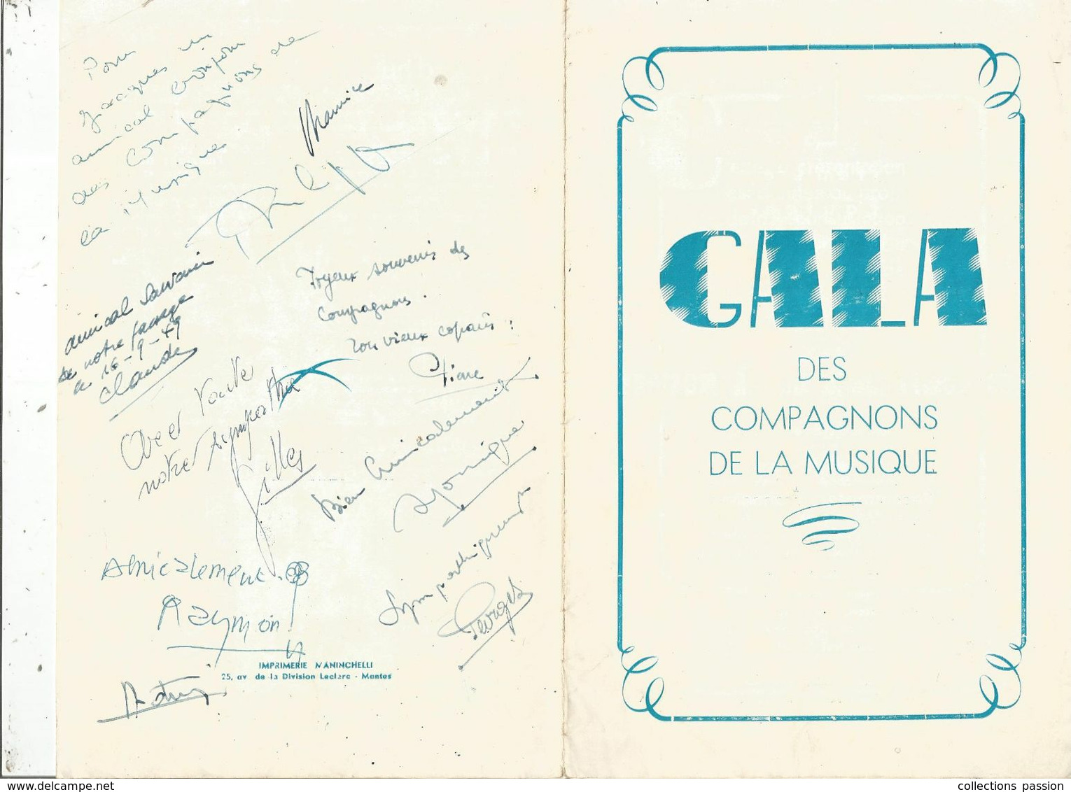 PROGRAMME , Gala Des Compagnons De La Musique , Au Profit De L'église De GUERNES , Dédicacé, 1949, Frais Fr 1.95 E - Programme