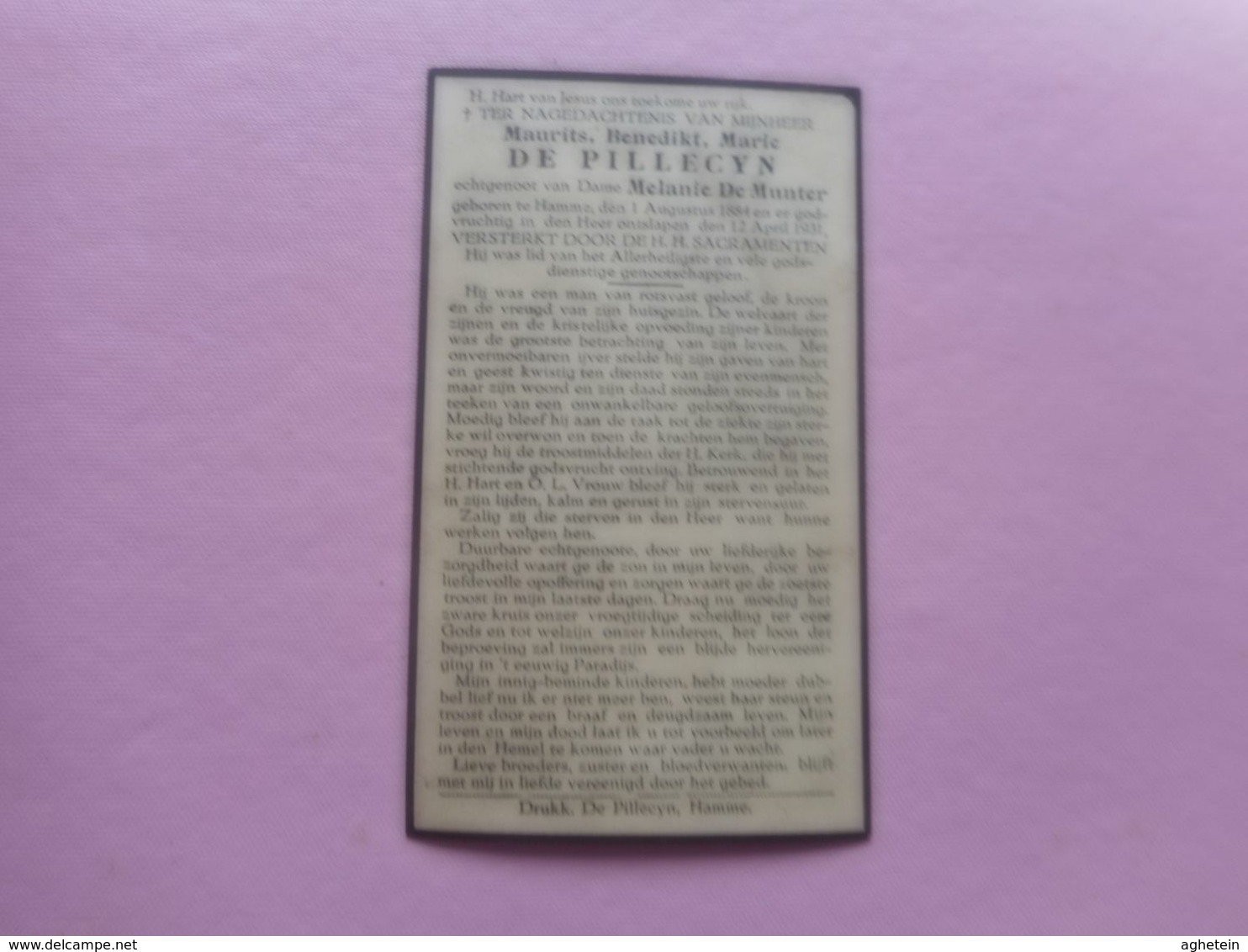 D.P.-MAURITS B.M.DE PILLECYN °HAMME 1-8-1884+ALDAAR12-4-1931 - Religion & Esotericism