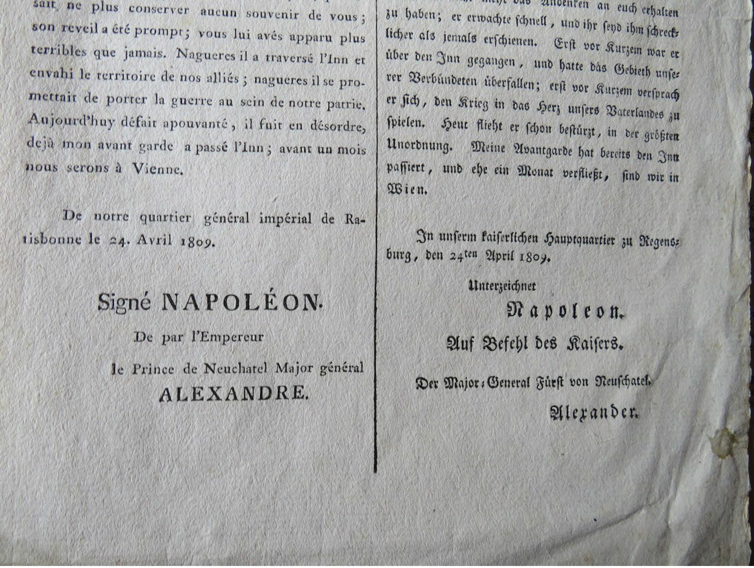 EMPIRE: Ordre Du Jour Fait à Ratisbonne Le 24 Avril 1809 Signé NAPOLEON Et ALEXANDRE - Historical Documents