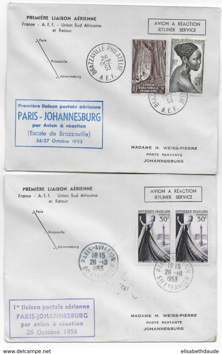 1953 - ENVELOPPES 1° LIAISON AERIENNE FRANCE / AEF / AFRIQUE DU SUD De PARIS Et BRAZZAVILLE => JOHANNESBURG - 1927-1959 Brieven & Documenten