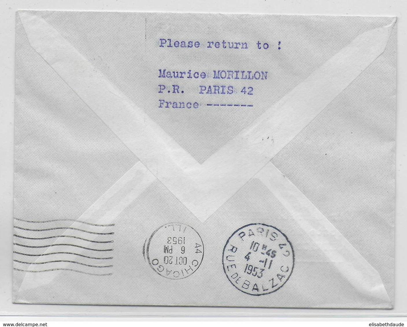 1953 - ENVELOPPE 1° LIAISON POSTALE AERIENNE DIRECTE PARIS => CHICAGO (USA) - 1927-1959 Brieven & Documenten
