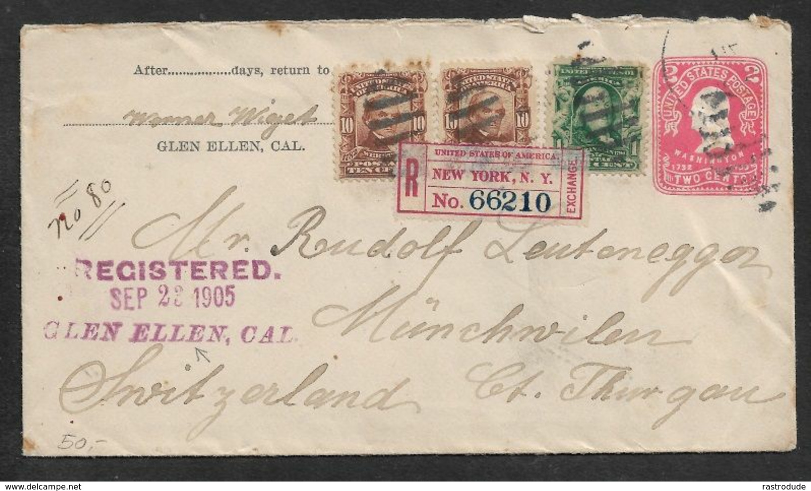 1905 U.S REGISTERED POSTAL STATIONERY LETTER + SUPPL. FRNKG From GLEN ELLEN, CAL To SWITZERLAND - 1901-20