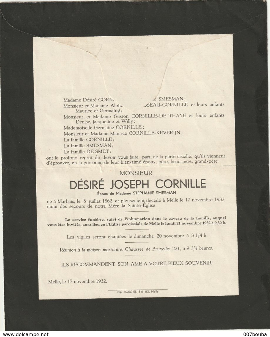 Désiré Joseph Cornille / Marbais 1862 - Melle 1932 / Epoux Mme Stephanie Smesman - Overlijden