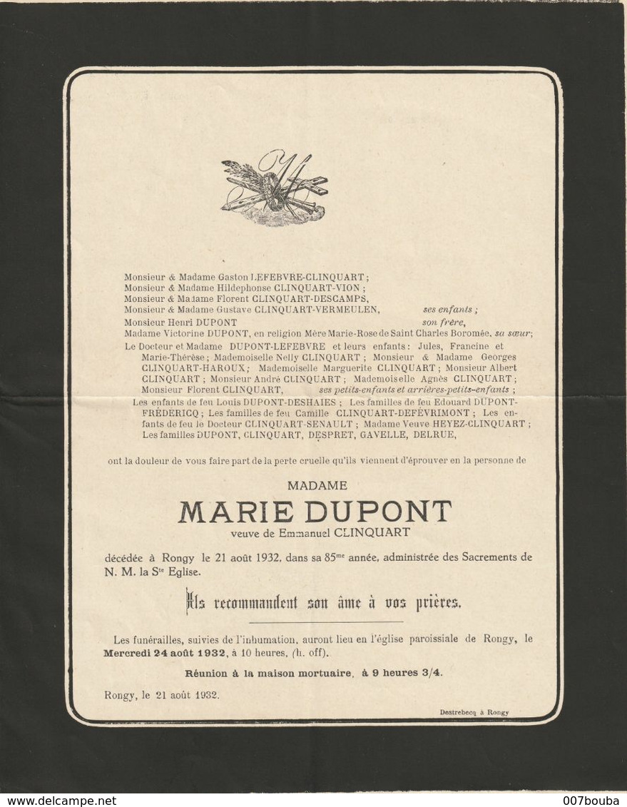Marie Dupont / Décédée à Rongy En 1932 à 85 Ans / Veuve Emmanuel Clinquart - Overlijden