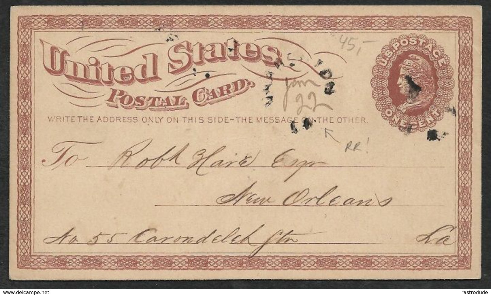 1875 U.S POSTAL STATIONERY CARD UX1 1C  CHARENTON,( LOUISIANA ) To NEW ORLEANS - Manuscript Date Of The Date Stamp . RR - ...-1900