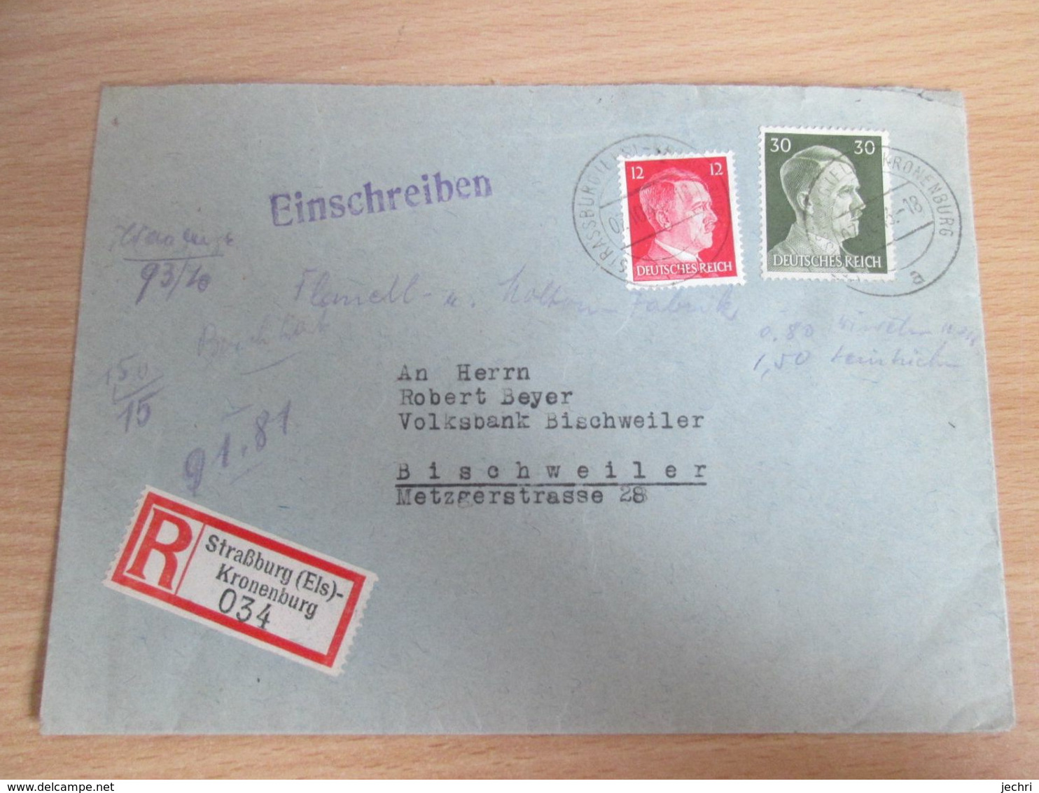 Lettre Recommande  Cachet Strasbourg Cronenbourg Pour Schiltigheim 1943. 2 Timbres Hitler - Altri & Non Classificati