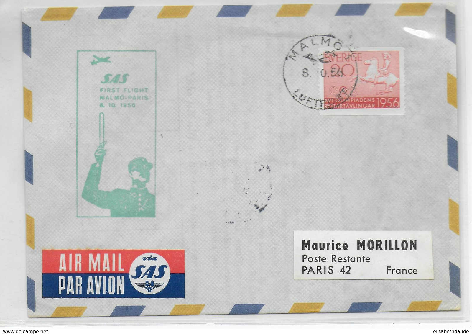 1956 - ENVELOPPE 1° LIAISON AERIENNE SAS MALMÖ (SUEDE) => PARIS - Storia Postale