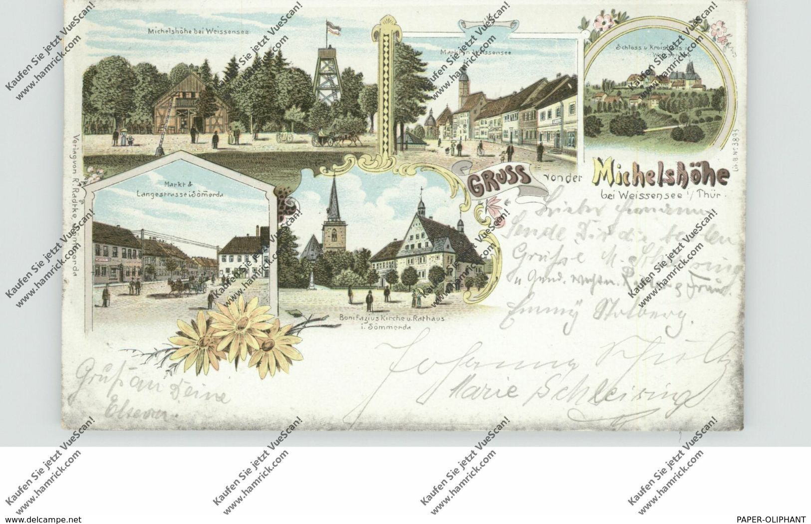 0-5237 WEISSENSEE, Lithographie, Markt, Schloß, Kreishaus, Michelshöhe, Sömmerda Langestrasse & Markt... - Weissensee