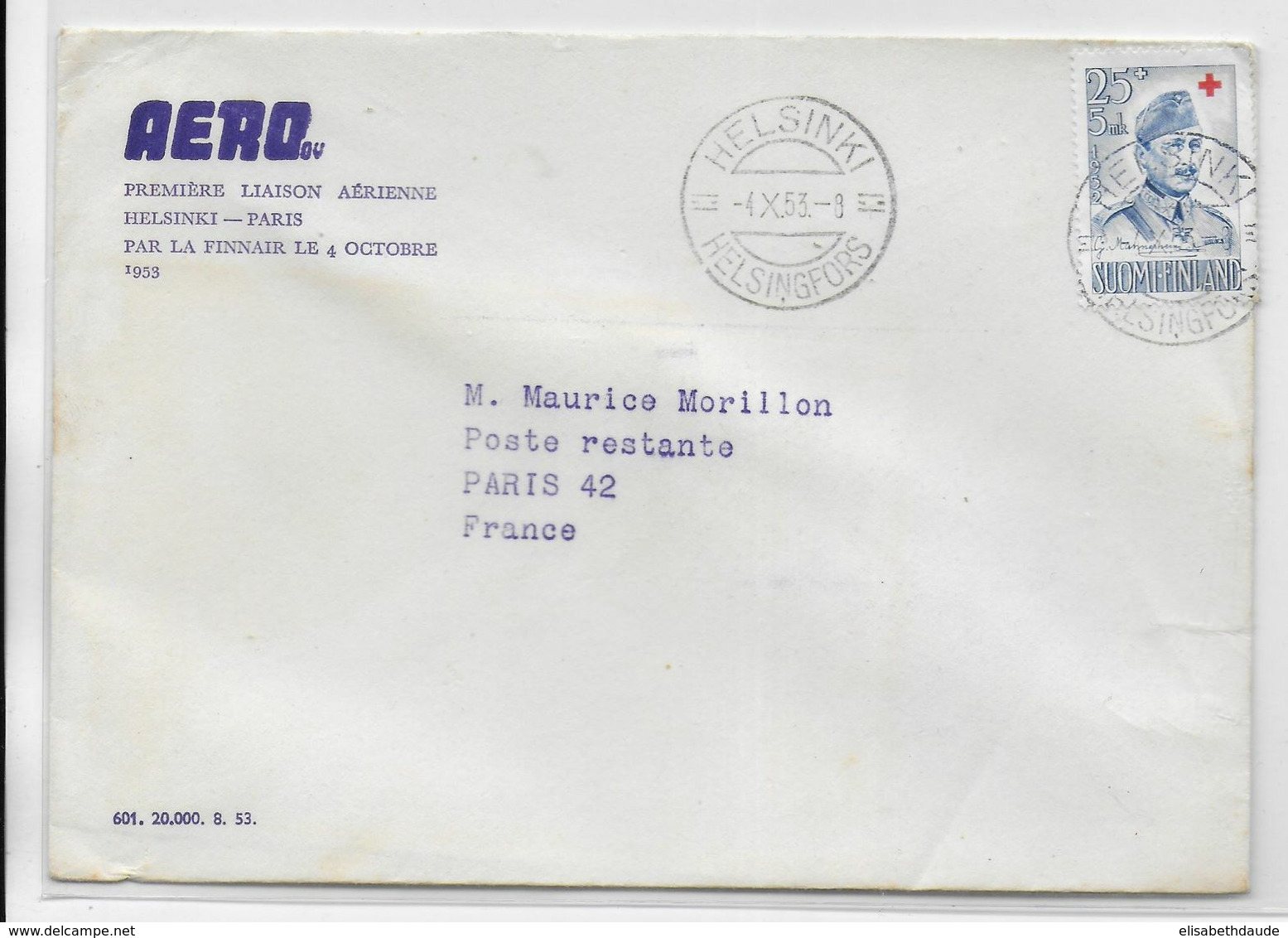 1953 - ENVELOPPE 1° LIAISON AERIENNE FINNAIR HELSINKI (FINLANDE) => PARIS - Storia Postale