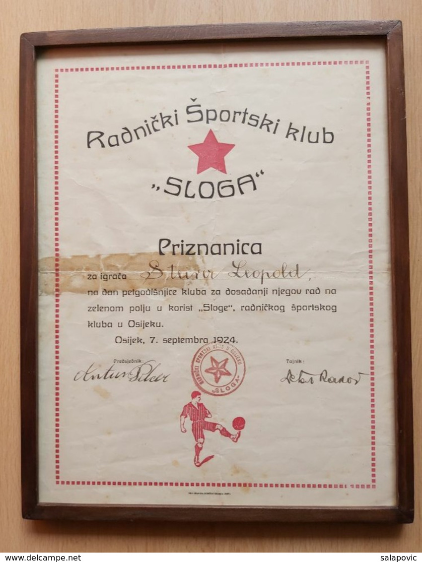 Radnicki Sportski Klub Sloga Osijek 1924 Priznanje FOOTBALL TEAM NK - Other & Unclassified