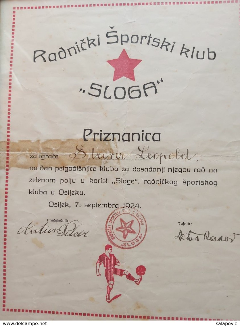 Radnicki Sportski Klub Sloga Osijek 1924 Priznanje FOOTBALL TEAM NK - Autres & Non Classés