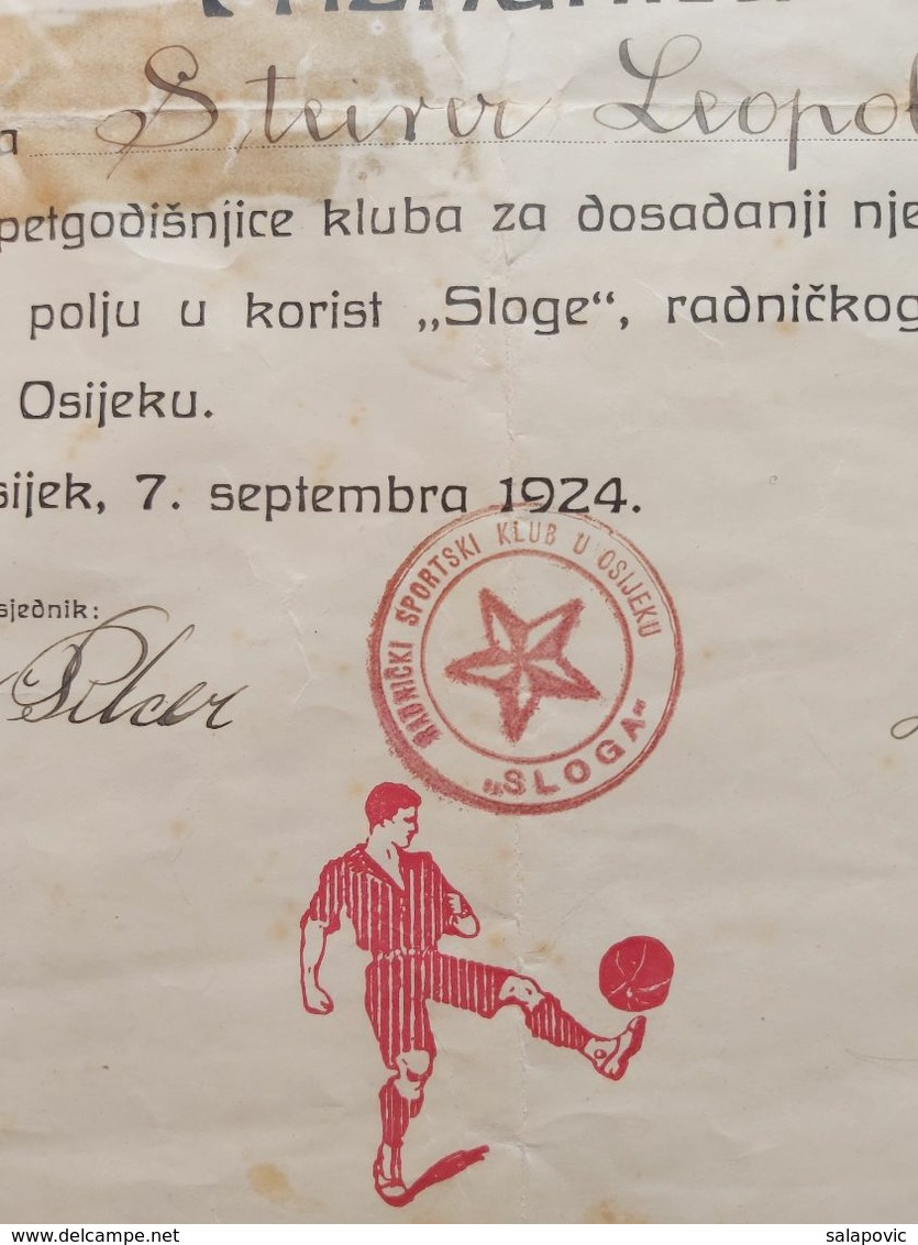 Radnicki Sportski Klub Sloga Osijek 1924 Priznanje FOOTBALL TEAM NK - Autres & Non Classés