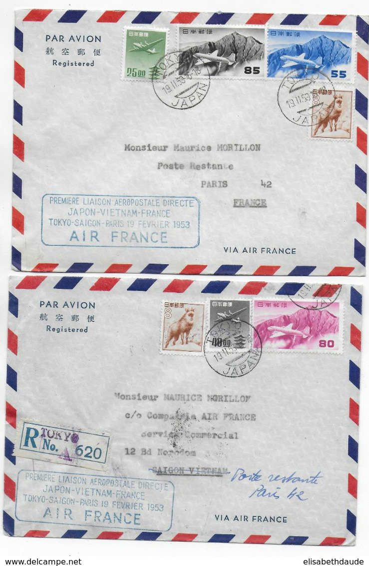 1953 - ENVELOPPES RECOMMANDEES 1° LIAISON AERIENNE AIR FRANCE JAPON => VIETNAM => FRANCE (SAIGON Et PARIS) AFFR. !! - Storia Postale