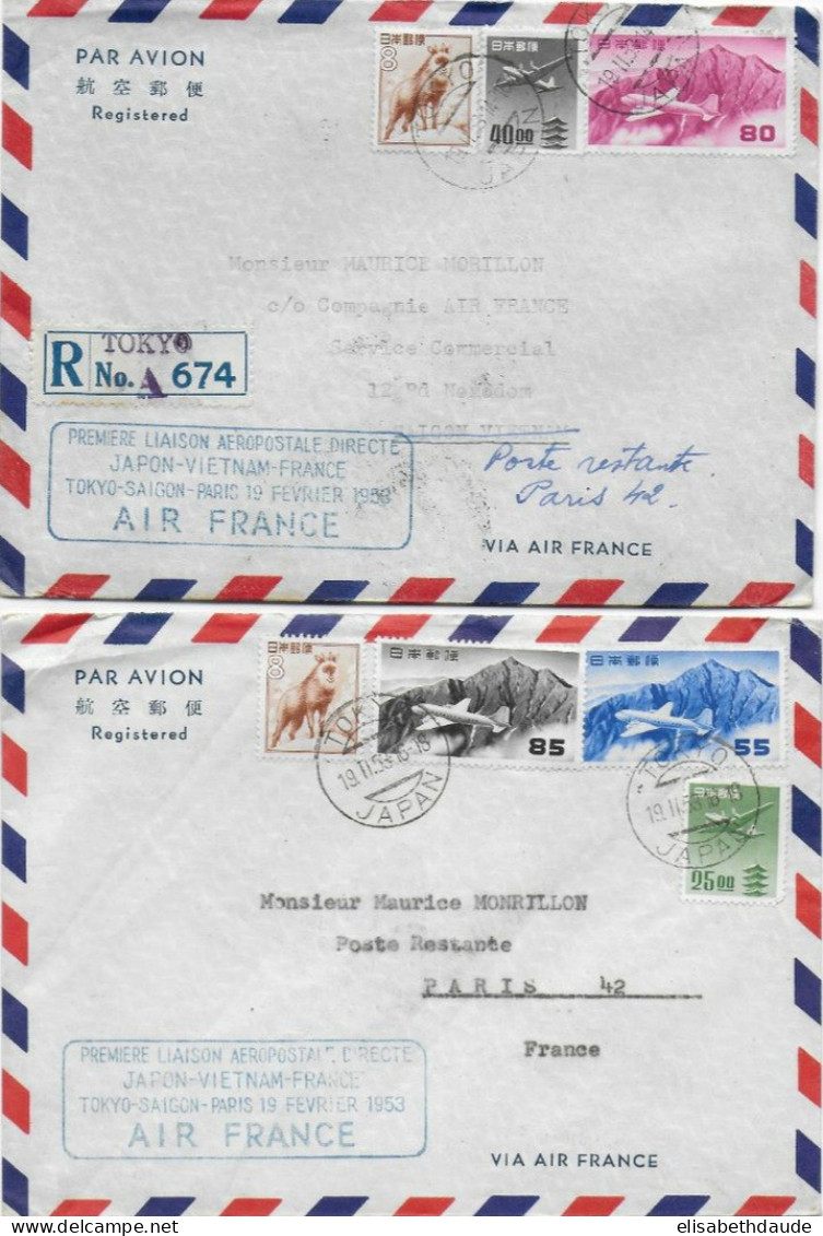 1953 - ENVELOPPES RECOMMANDEES 1° LIAISON AERIENNE AIR FRANCE JAPON => VIETNAM => FRANCE (SAIGON Et PARIS) AFFR. !! - Corréo Aéreo