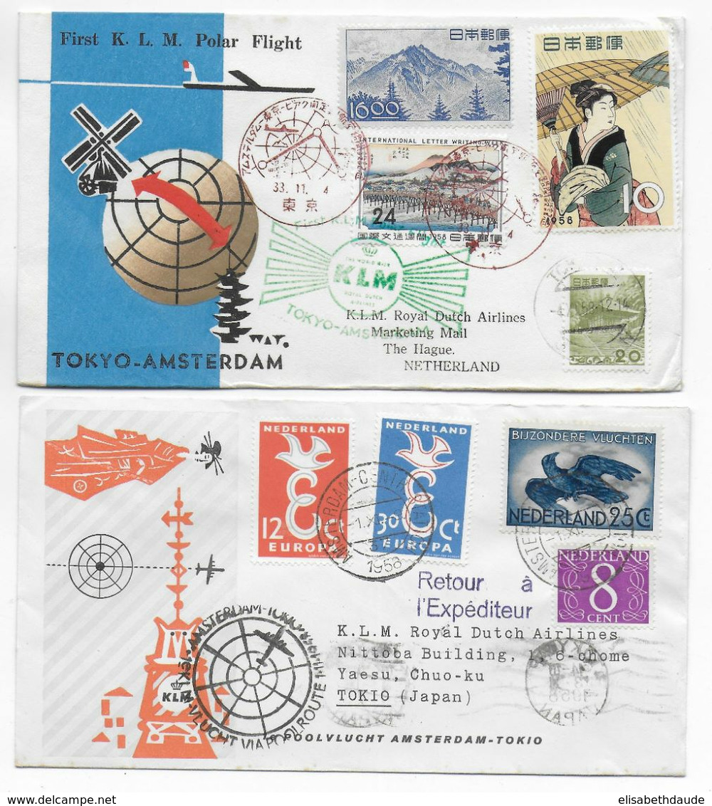 1958 - JAPON - ENVELOPPE 1° LIAISON AERIENNE POLAIRE ! KLM TOKYO => THE HAGUE (NEDERLAND) - ALLER ET RETOUR ! - Posta Aerea