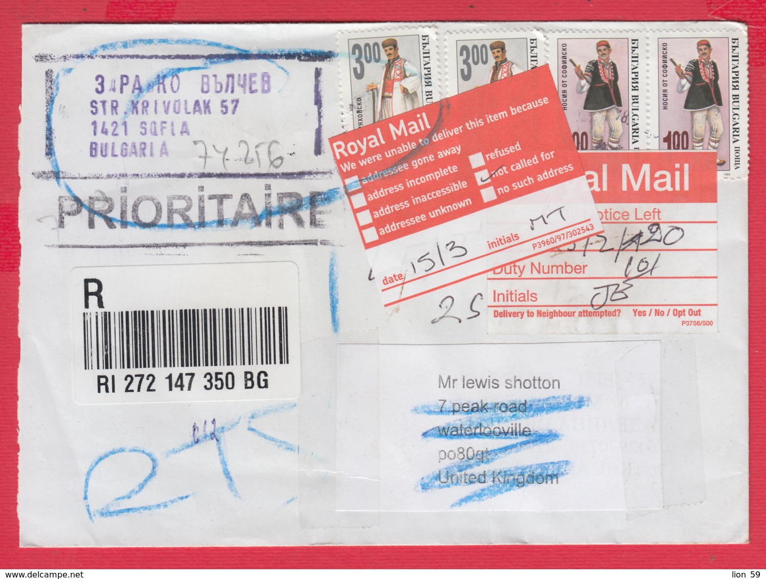 250195 / Prioritare Bulgaria 2020 - 8.00 Lv. Folk Costume , SOFIA -  RETOUR SENDER , Royal Mail  Not Called For - Briefe U. Dokumente