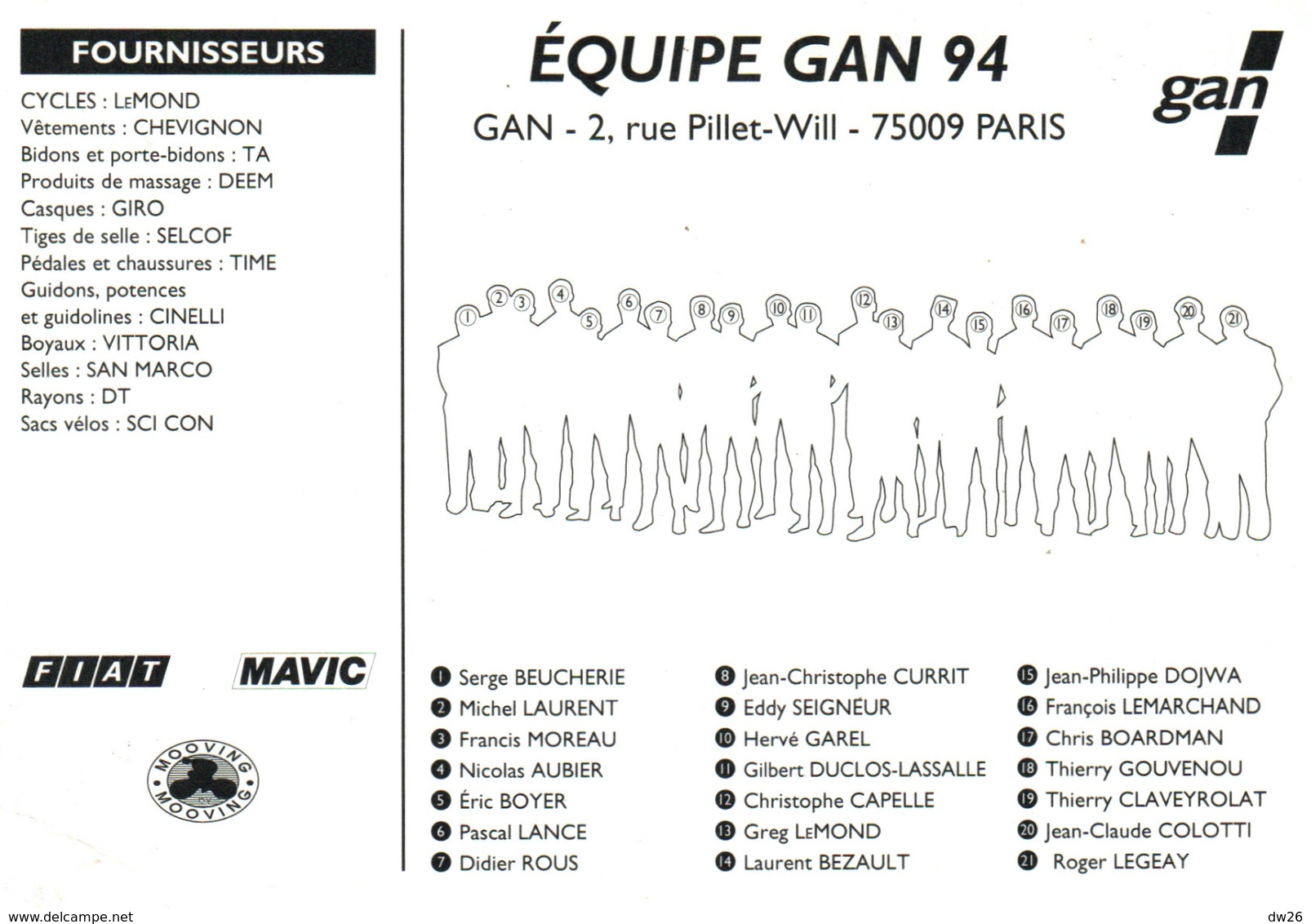 Cyclisme - Allez L'Equipe Gan 94, Photo De Groupe - Publicité FIAT, MAVIC, Cycles Lemond - Deportes