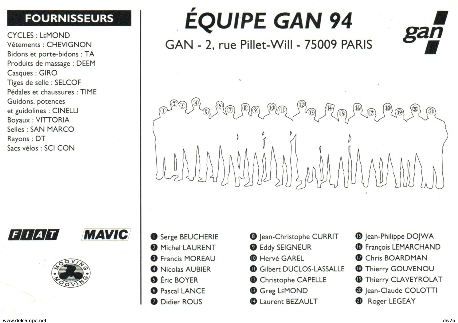 Cyclisme - Allez L'Equipe Gan 94, Photo De Groupe - Publicité FIAT, MAVIC, Cycles Lemond - Sport