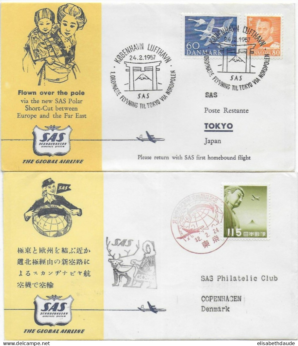 1957 - JAPON / DANMARK - ENVELOPPE 1° LIAISON AERIENNE SAS TOKIO => COPENHAGUE - ALLER ET RETOUR ! - Cartas & Documentos