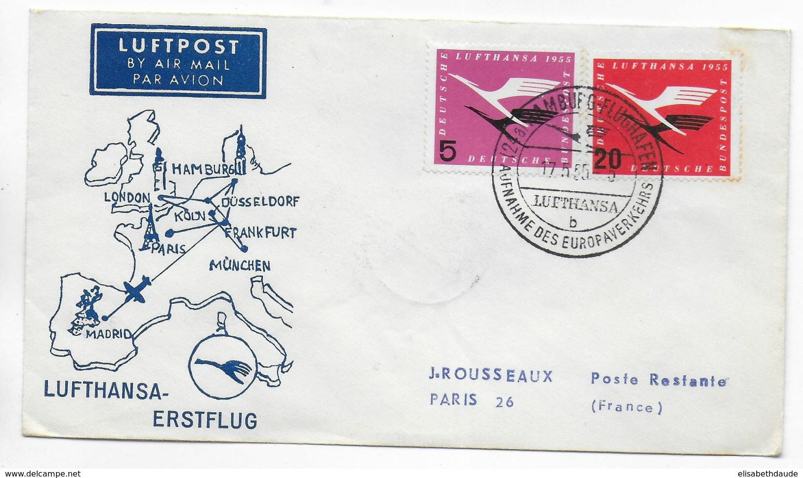 1955 - BRD - ENVELOPPE 1° LIAISON AERIENNE LUFTHANSA De HAMBURG => PARIS - Primi Voli