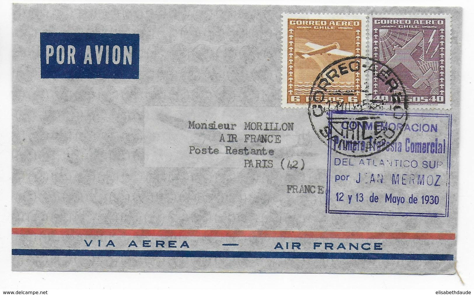 1955 - ENVELOPPE COMMEMORATION De La 1° TRAVERSEE De L'ATLANTIQUE SUD Par MERMOZ ! SANTIAGO (CHILI) => PARIS AIR FRANCE - 1927-1959 Brieven & Documenten