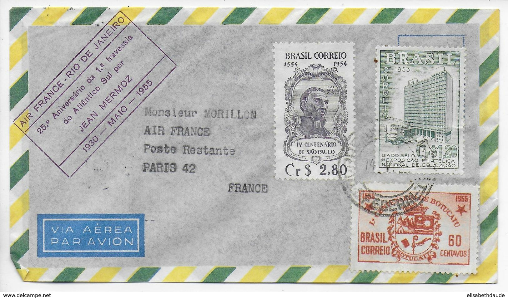 1955 - ENVELOPPE COMMEMORATION De La 1° TRAVERSEE De L'ATLANTIQUE SUD Par MERMOZ ! BRESIL => PARIS AIR FRANCE - Poste Aérienne