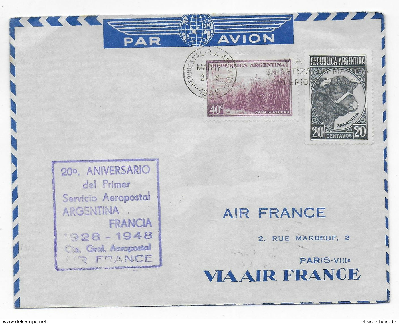 1948 - ENVELOPPE 20 ANS Du 1° SERVICE AERIEN AEROPOSTAL ARGENTINE / FRANCE => PARIS AIR FRANCE - Poste Aérienne