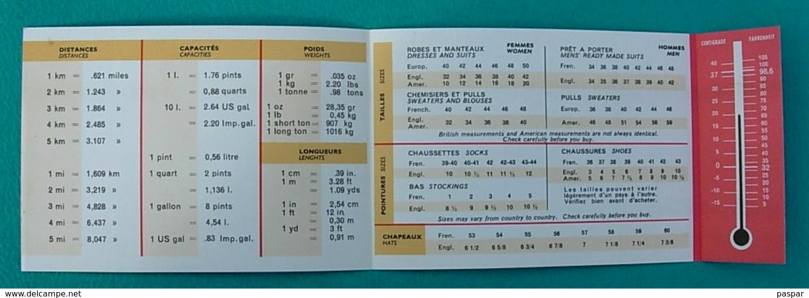 Carte AIR FRANCE Mesures Anglo-saxonnes Tailles Pointures - Caravelle - Cadeaux Promotionnels