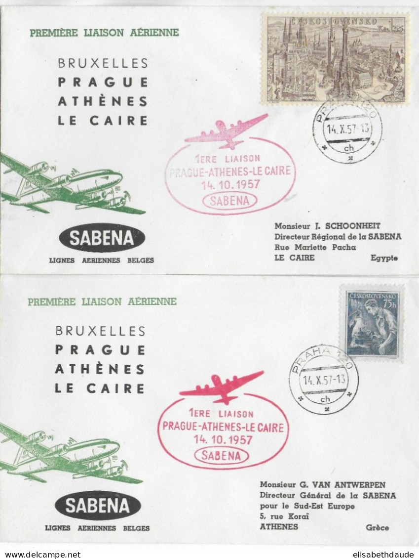 1957 - TCHECOSLOVAQUIE - ENVELOPPES SABENA 1° VOL De PRAGUE => ATHENES => LE CAIRE - Airmail